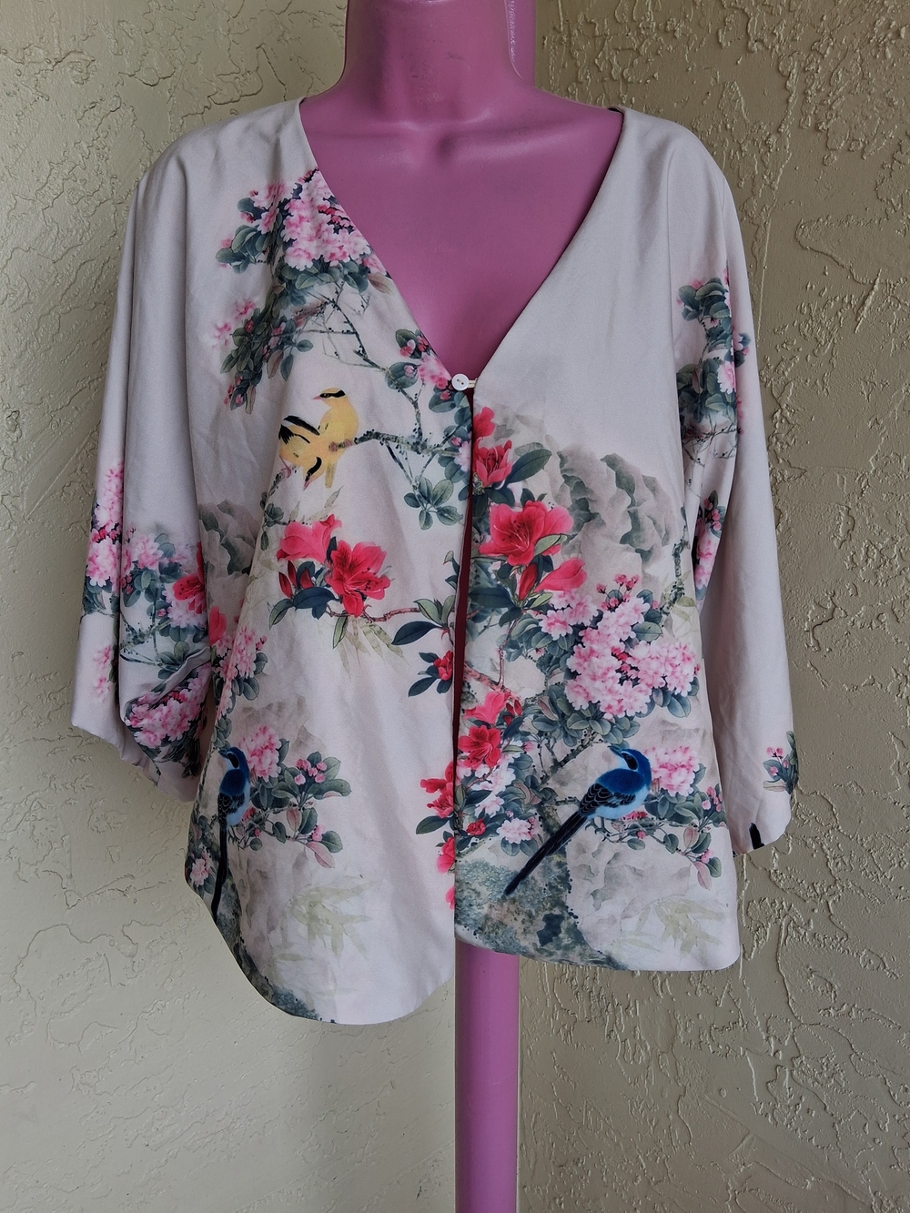 RAGAZZA Cream V-Neck Tunic with Floral and Bird Print
